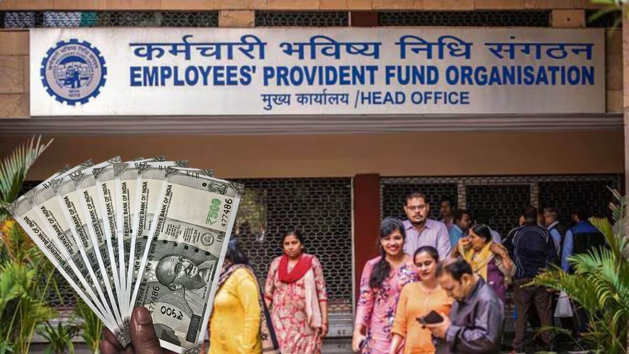 Illustration showing employees using mobile UPI apps to withdraw money from their EPF accounts in India, highlighting a fast and digital process