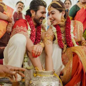 Vijay Deverakonda wearing traditional dhoti and jewellery at wedding