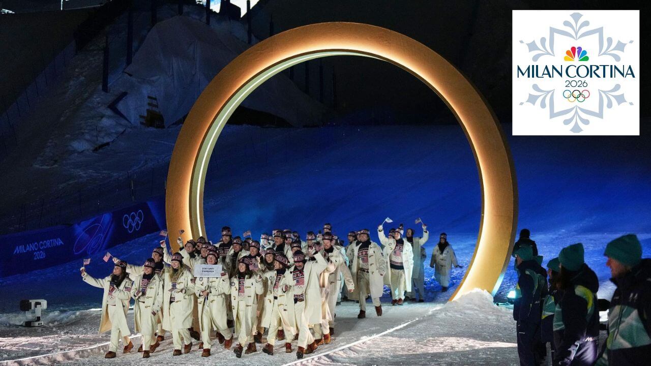 Team USA athletes take part in the Parade of Nations at the 2026 Winter Olympics opening ceremony in Milan